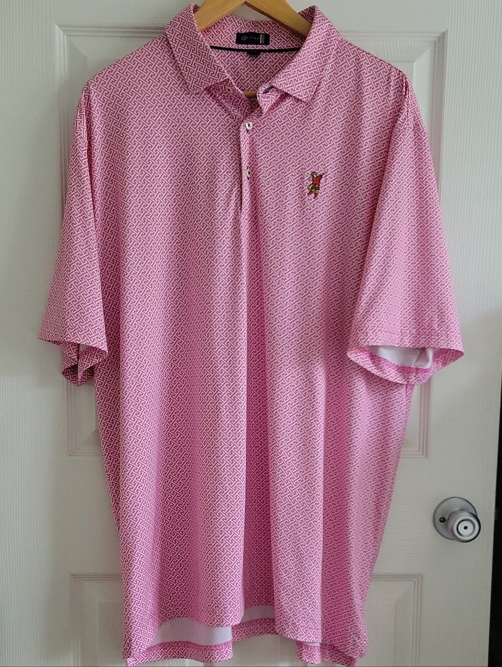 Stitch Performance Golf Polo XXL Pink & White Geo Pattern Golfer Logo Like New